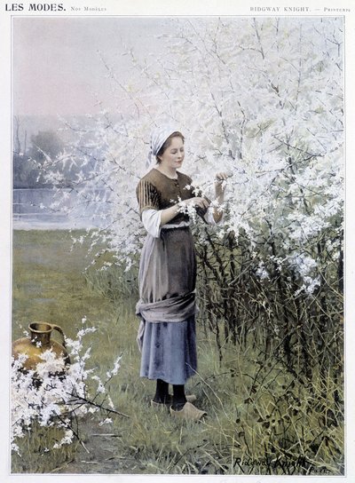 Vår: Kvinne samler blomster - syk. av R. Knight, ca. 1905 av Daniel Ridgway Knight