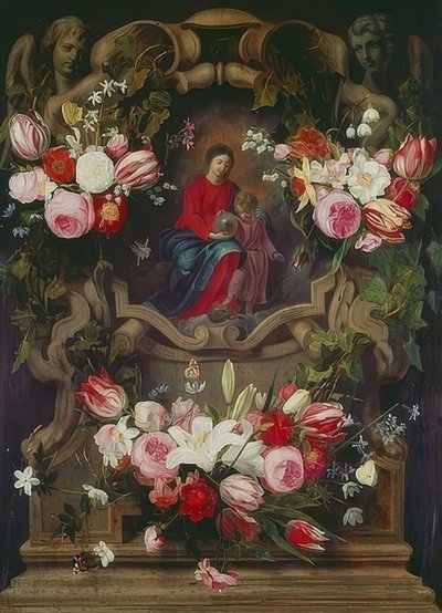 Blomsterkrans med Madonna og barn av Daniel Seghers