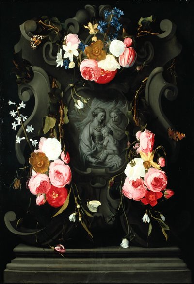 Blomsterkrans med den hellige familie, 1625-27 (olje på kobber) av Daniel Seghers