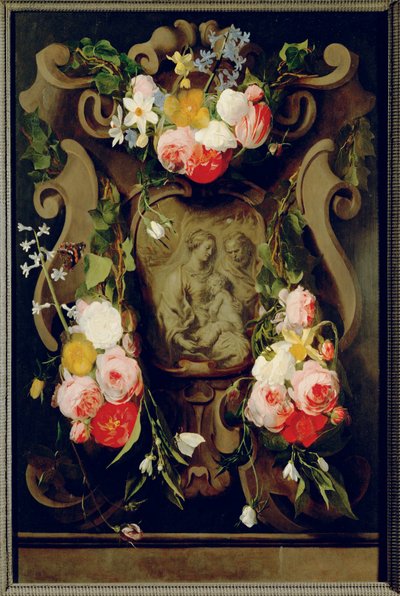 Stilleben med den hellige familie (olje på eik) av Daniel Seghers