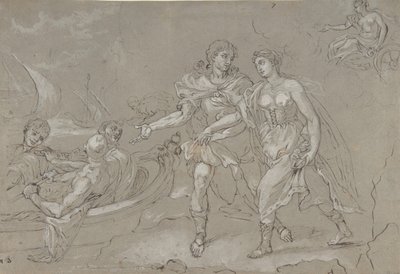 The Rape of Helena, verso: Studie av en knelende naken mannlig figur, sent på 1600- og 1700-tallet. av Daniel Seiter