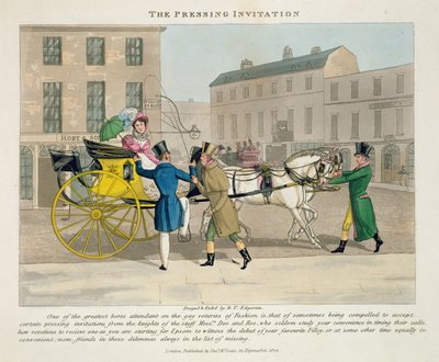 The Pressing Invitation, fra 'Fashionable Bores, or Coolers in High Life, av Peter Quiz', utgitt 1824 (håndfarget akvatint) av Daniel Thomas Egerton