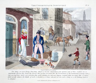 The Unfortunate Discovery, illustrasjon fra "Fashionable Bores or Coolers in High Life" av Peter Quiz, pub. Thomas McLean, London 1824 (håndfarget gravering) av Daniel Thomas Egerton