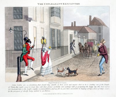 The Unpleasant Rencontre, illustrasjon fra "Fashionable Bores or Coolers in High Life" av Peter Quiz, pub. Thomas McLean, London 1824 (håndfarget gravering) av Daniel Thomas Egerton