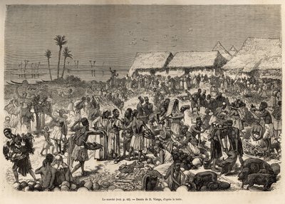 En svært animert marsj nær Kongo-elven, som samlet mer enn tre tusen mennesker, etset etter en tegning av D.Vierge, som illustrerer David Livingstones siste dagbok (1813-1873), i 1866-1873, publisert i "Le tour du monde" 1875, redigert av Edouar av Daniel Urrabieta Vierge
