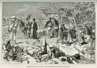 Noen vanlige scener fra Salone-messen (Kroatia), salg av frukt, grønnsaker, fjærfe og lam, samt bord som er satt opp for avsalting. Gravering etter tegningen av Jomfruen, for å illustrere reisen til Dalmatia, av Charles Yriarte, i 1874, utgitt i av Daniel Urrabieta Vierge