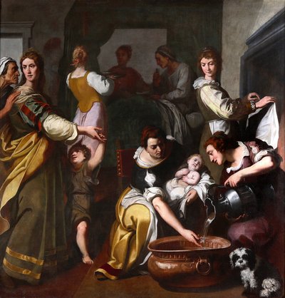 Jomfruens liv: "" The Birth of Mary"" Maleri av Daniele Crespi (1598-1630) Museo della Basilica di Santa Maria Assunta fra 1600-tallet, Gallarate, Italia av Daniele Crespi