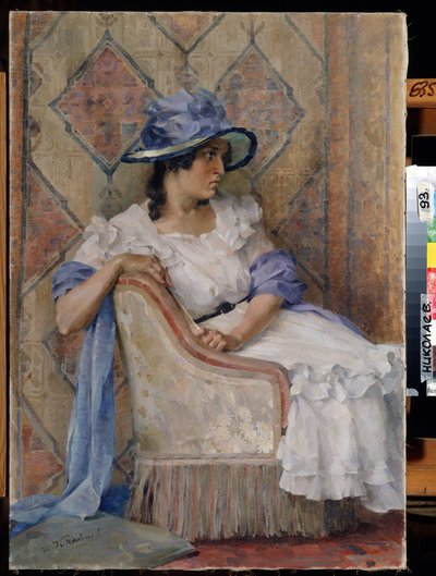 Kvinne i hvitt (Lady in white). Maleri av Danill Karpovich Kraynev (1872-1949), olje på lerret, moderne russisk kunst, sent 1800-begynnelse av 1900-tallet. Regionalt W. Wereshchagin kunstmuseum, Mykolaiv (Ukraina). av Danil Karpovich Kraynev
