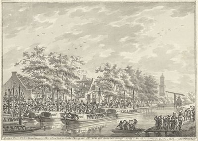 Amsterdammers ankomst til Utrecht, 1787 Utsikt over ankomsten til Amsterdam-borgerne ved Utregt ved De Rooy Brug. Etter Den Dom å se. 1787. (tittel på objekt) av Daniël Kerkhoff