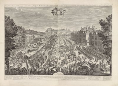 Haag-messen med prinsen og prinsessen av Orange, 1686 Haag-messen med det stigende burgerry-signet som presenterer for hennes kongelige høyheter min herre prinsen og fruen prinsessen av Orange / Foire de la Haye, avec les bourgois sous les armes, sa av Daniël Marot (I)