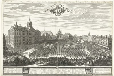 Skyttere på Dam-plassen under Amsterdam-messen, 1686 Amsterdam-messen som viser Burgery in the Arms, sig Presenterer til Groot Agtb: Heeren Burgermeesteren (tittel på objekt) Foire d' Amsterdam Represanten les Bourgois sous les Armes av Daniël Marot (I)