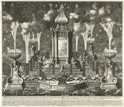 Fyrverkeri ved feiringen av Utrecht-traktaten, 1713 Bilde av teatret med syn ornamenter og constigh fyrverkeri, reist av ordere van Haar Ed. Groot Mog: Heeren Staten van Holland og West Vriesland (...) i Haag, i vyver ( av Daniël Stopendaal