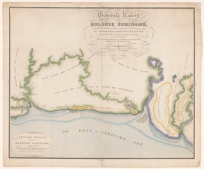 En del av et kart over Surinam Generelt kart over kolonien Surinam, hovedsakelig som viser de nåværende bygningene i kolonien (tittel på objekt) av Daniël Veelwaard (I)