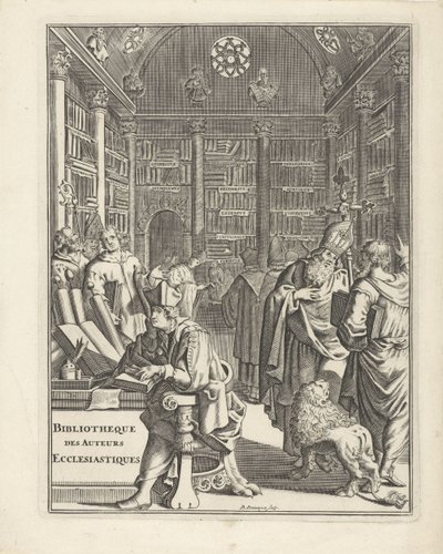 Bibliotekinteriør med presteskap Tittelside for: Bibliotheque des Authors Ecclesiastiques, uten årstall av Daniël met de Penningen
