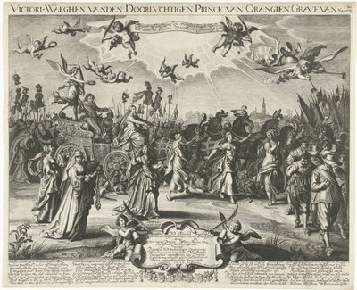 Allegorisk triumfinntreden av Frederick Henry, 1629 Victori-Waeghen vanden Serene Airways Prince of Orangien, Grave of Nassou etc. (tittel på objekt) av Daniël van den Bremden