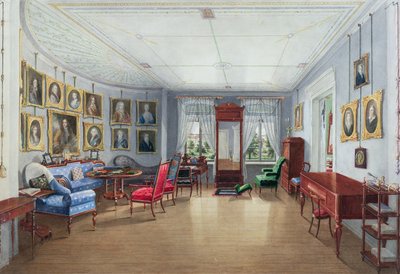 Tegnestue bildegalleri interiør, ca. 1835 (wc med gouache på papir) av Danish School