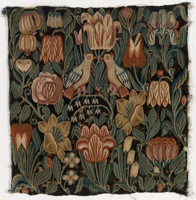 Putetrekk av billedvev som viser to fugler blant blomster, laget i Schleswig-Holstein, Danmark, ca. 1690 (ull) av Danish School