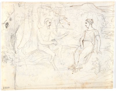 En satyr med en fløyte og en ung jente, sittende i en skog av Dankvart Dreyer