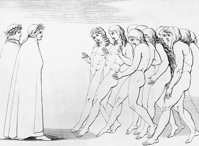 Sjel skremmer når de ser at Dante er i live, illustrasjon for 3. canto of Purgatory, Divine Comedy, allegorisk dikt av Dante Alighieri (1265-1321) av Dante Alighieri