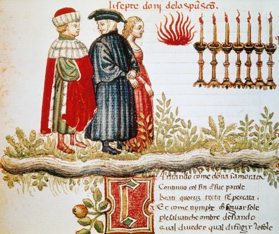 Virgil, Dante og Matelda, Skjærsilden, Canto XXIX, opplyst side fra Divine Comedy, av Dante Alighieri (1265-1321) av Dante Alighieri
