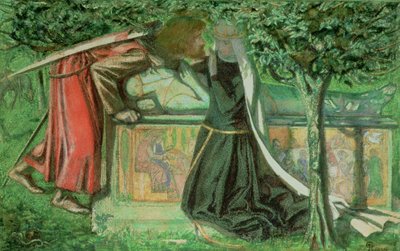 Arthurs grav: Sir Launcelot Parting fra Guenevere, 1854 (blyant, penn og blekk og wc på papir) av Dante Gabriel Charles Rossetti