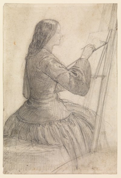 Elizabeth Siddal sittende ved et staffeli, maleri, 1854-55 ca av Dante Gabriel Charles Rossetti