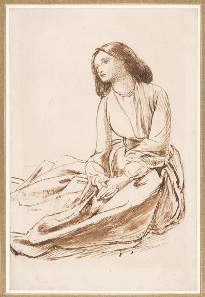 Elizabeth Siddal, sittende på bakken (penn, sepia og vask på papir) av Dante Gabriel Charles Rossetti