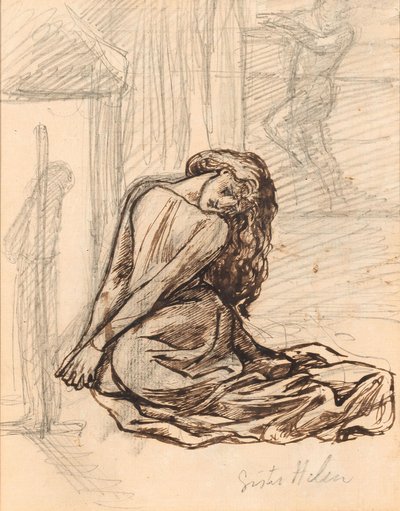 Søster Helen, ca. 1870 (grafitt og brunt blekk på papir montert om bord) av Dante Gabriel Charles Rossetti