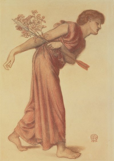 Studie for figuren av kjærlighet i Dantes drøm ved Beatrices død, 1874 (svart og rød fargestift på grønt papir) av Dante Gabriel Charles Rossetti