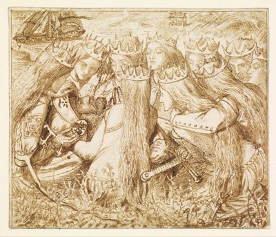 Utforming til Moxons Tennyson - kong Arthur og de gråtende dronningene av Dante Gabriel Rossetti