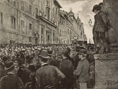 Agostino Bertanis (1812-1886) begravelse, italiensk patriot og politiker, Roma, Italia, tegning av Dante Paolocci, gravering fra L'Illustrazione Italiana, nr. 20, 16. mai av Dante Paolocci