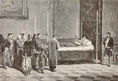Kardinal Giacomo Antonellis kropp liggende i tilstand i et av rommene i Vatikanet, gravert fra en tegning av Dante Paolocci fra L'Illustrazione Italiana, nr. 57, 26. november av Dante Paolocci