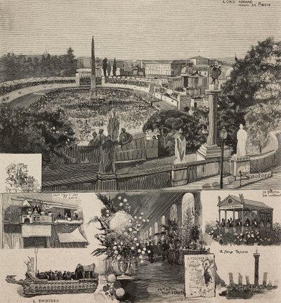 Karnevalsfestival på Piazza del Popolo sett fra Pincio-bakken, Roma, Italia, gravering etter tegning av Dante Paolocci, fra L'Illustrazione Italiana, år XX, nr. 8, 19. februar av Dante Paolocci