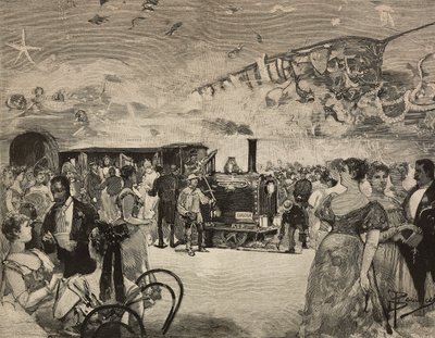 Karnevalsfest på International Artistic Club (Circolo Artistico) i Roma, Italia, gravering etter tegning av Dante Paolocci, fra L'Illustrazione Italiana, år XX, nr. 9, 26. februar av Dante Paolocci