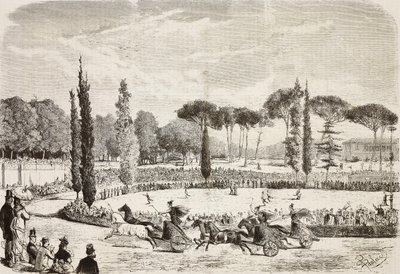 Vognløp i Villa Borghese, Roma, Italia, gravering fra tegning av Dante Paolocci fra L'Illustrazione Italiana, nr. 39, 23. juli av Dante Paolocci