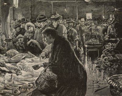 Julemarked i Roma, Italia, gravering etter tegning av Dante Paolocci, fra L'Illustrazione Italiana, år XX, nr. 53, 31. desember av Dante Paolocci