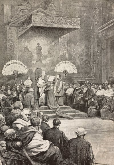 Konsistoriet 13. november, pave Leo XIII hvor han skapte nye kardinaler, Vatikanet, gravering fra tegning av Dante Paolocci, fra L'Illustrazione Italiana, nr. 48, 30. november av Dante Paolocci