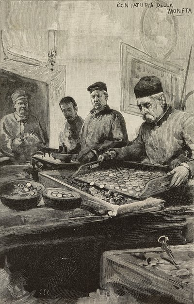 Telling av mynter i mynte i Roma, Italia, gravering etter tegning av Dante Paolocci, fra L'Illustrazione Italiana, år XX, nr. 51, 17. desember av Dante Paolocci