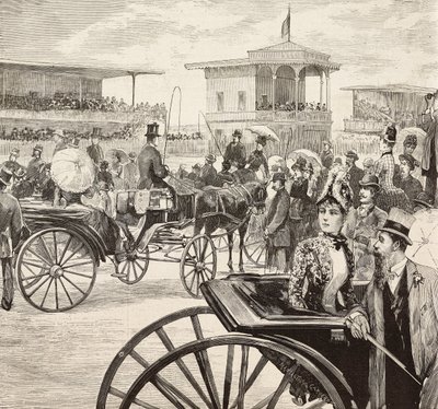 Elegante menn og kvinner deltar på et hesteveddeløp på veddeløpsbanen, Roma, Italia, gravering fra en tegning av Dante Paolocci, fra L'Illustrazione Italiana, år 12, nr. 18, 3. mai av Dante Paolocci
