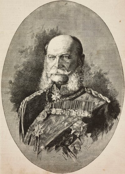 Keiser Vilhelm I av Tyskland (1797-1888) i 1887, gravering fra tegning av Dante Paolocci, fra L'Illustrazione Italiana, nr. 13, 27. mars av Dante Paolocci
