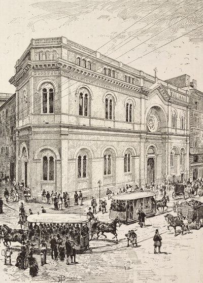 Evangelisk kirke på Via Nazionale, Roma, Italia, gravering fra tegning av Dante Paolocci, fra L'Illustrazione Italiana, nr. 15, 13. april av Dante Paolocci