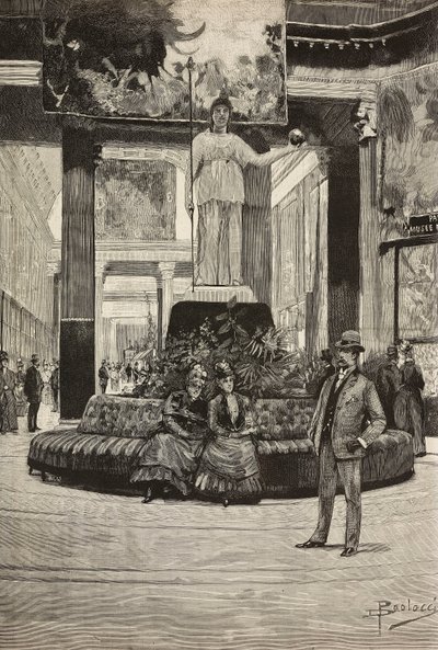 Utstilling av stoffer og blonder, Rotonda and Fabrics Gallery, Roma, Italia, gravering fra tegning av Dante Paolocci, fra L'Illustrazione Italiana, nr. 15, 10. april av Dante Paolocci