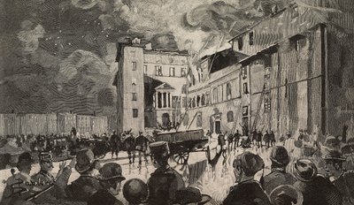 Brann av israelske skoler i 1893, Roma, Italia, gravering etter tegning av Dante Paolocci, fra L'Illustrazione Italiana, år XX, nr. 7, 12. februar av Dante Paolocci