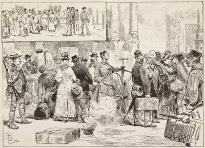 Desinfisering mot kolera på stasjonen, lærling på velocipede, Roma, Italia, gravering fra tegning av Dante Paolocci, fra L'Illustrazione Italiana, nr. 37, 14. september av Dante Paolocci