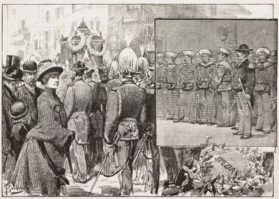 Begravelse til admiral Luigi Buglione di Monale (1821-1884), Roma, Italia, gravering fra tegning av Dante Paolocci, fra L'Illustrazione Italiana, nr. 52, 28. desember av Dante Paolocci