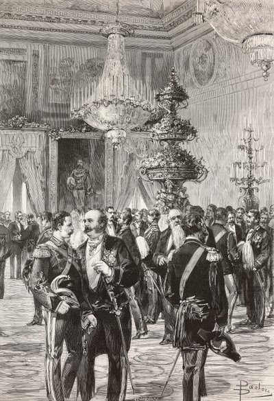 Italienske politikere og offiserer som feirer nyttårsaften på Quirinal Palace, Roma, Italia, gravering av Centenari fra tegning av Dante Paolocci, fra L'Illustrazione Italiana, år 12, nr. 2, 11. januar av Dante Paolocci