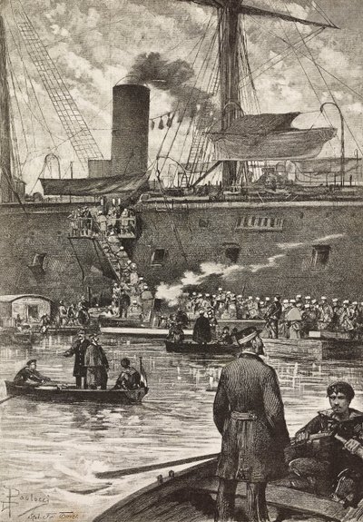 Italienske soldater går ombord på slagskipet Principe Amedeo, italiensk ekspedisjon i Rødehavet, Napoli, Italia, gravering fra tegning av Dante Paolocci, fra L'Illustrazione Italiana, år 12, nr. 5, 1. februar av Dante Paolocci