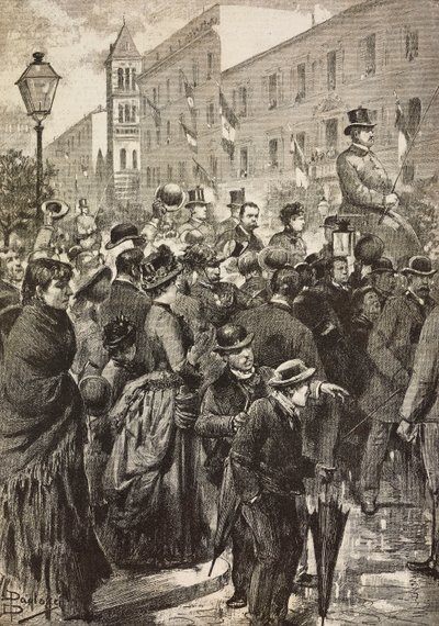 Kong Umberto I og dronning Margherita vender tilbake fra sitt besøk i Napoli rammet av kolera, Roma, Italia, gravering fra tegning av Dante Paolocci, fra L'Illustrazione Italiana, nr. 49, 7. desember av Dante Paolocci