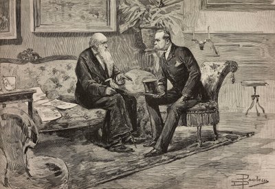Kong Umberto I av Savoy (1844-1900) og president for råd Agostino de Pretis (1813-1887), gravering fra tegning av Dante Paolocci, fra L'Illustrazione Italiana nr. 29, 10. juli av Dante Paolocci