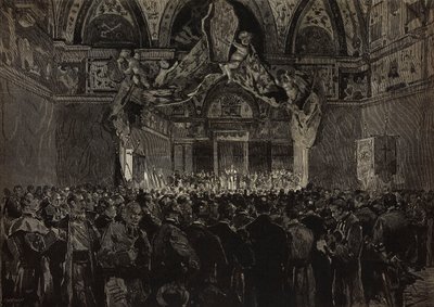 Leo XIII tar imot franske pilegrimer i Ducal Hall, Papal Jubilee, Vatikanet, gravering fra tegning av Dante Paolocci, fra L'Illustrazione Italiana No 46, 30. oktober av Dante Paolocci